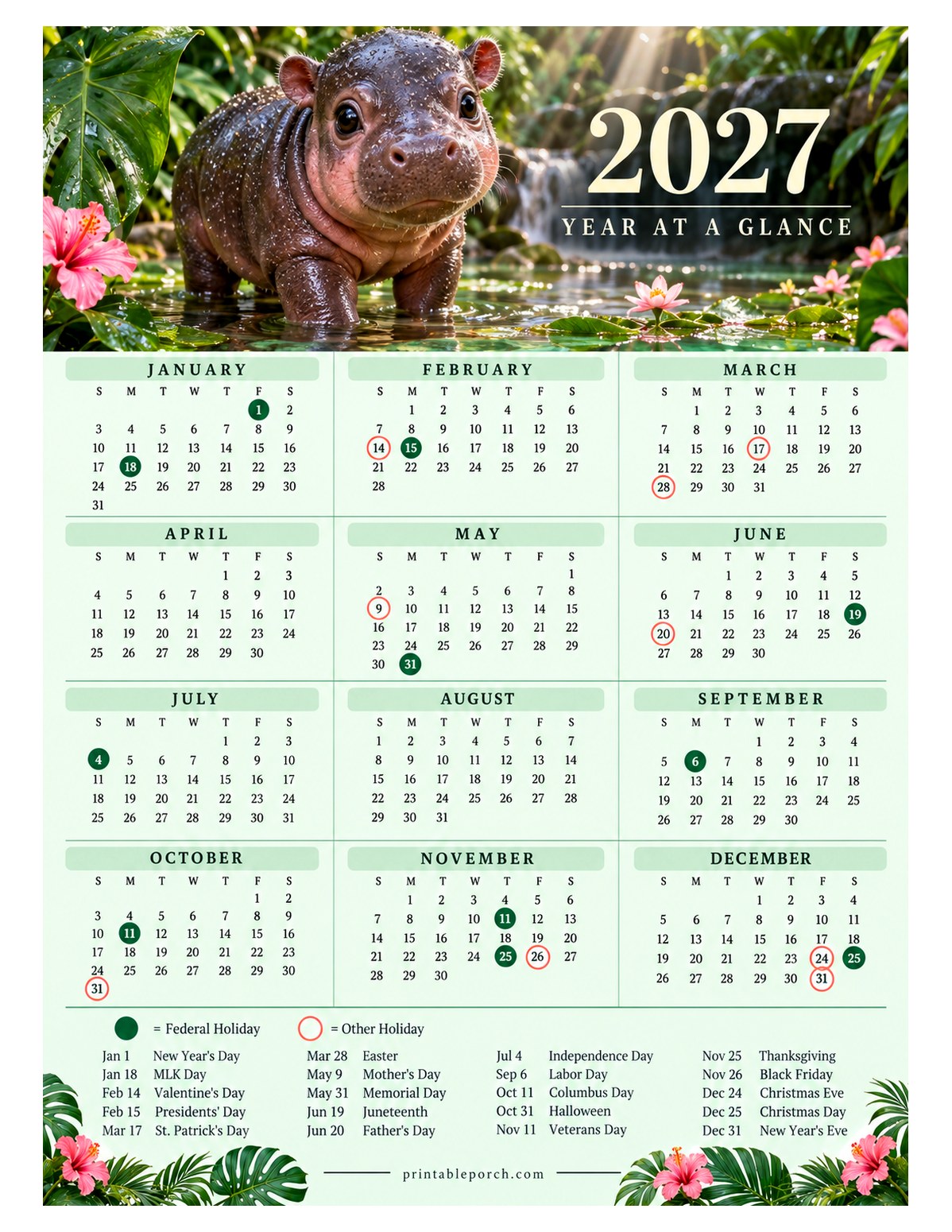 Calendar with Holidays 2027 Yearly Calendar - Baby Hippo