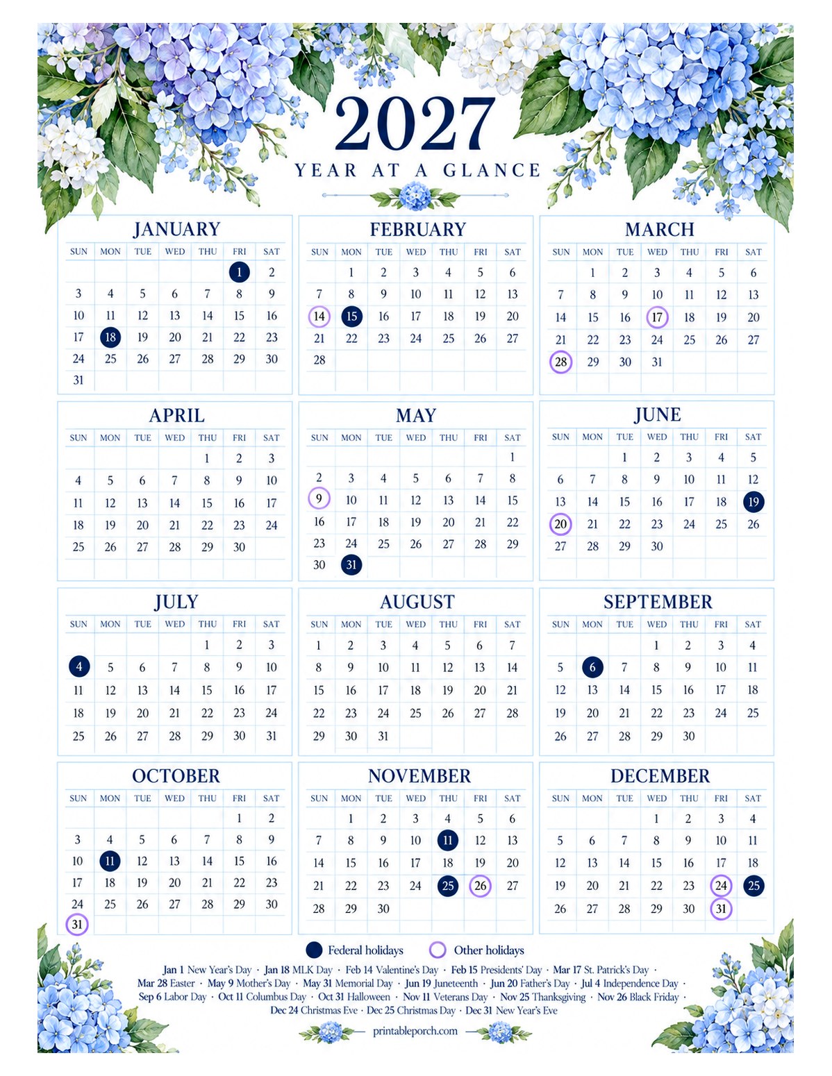 Calendar with Holidays 2027 Yearly Calendar - Blue Hydrangeas