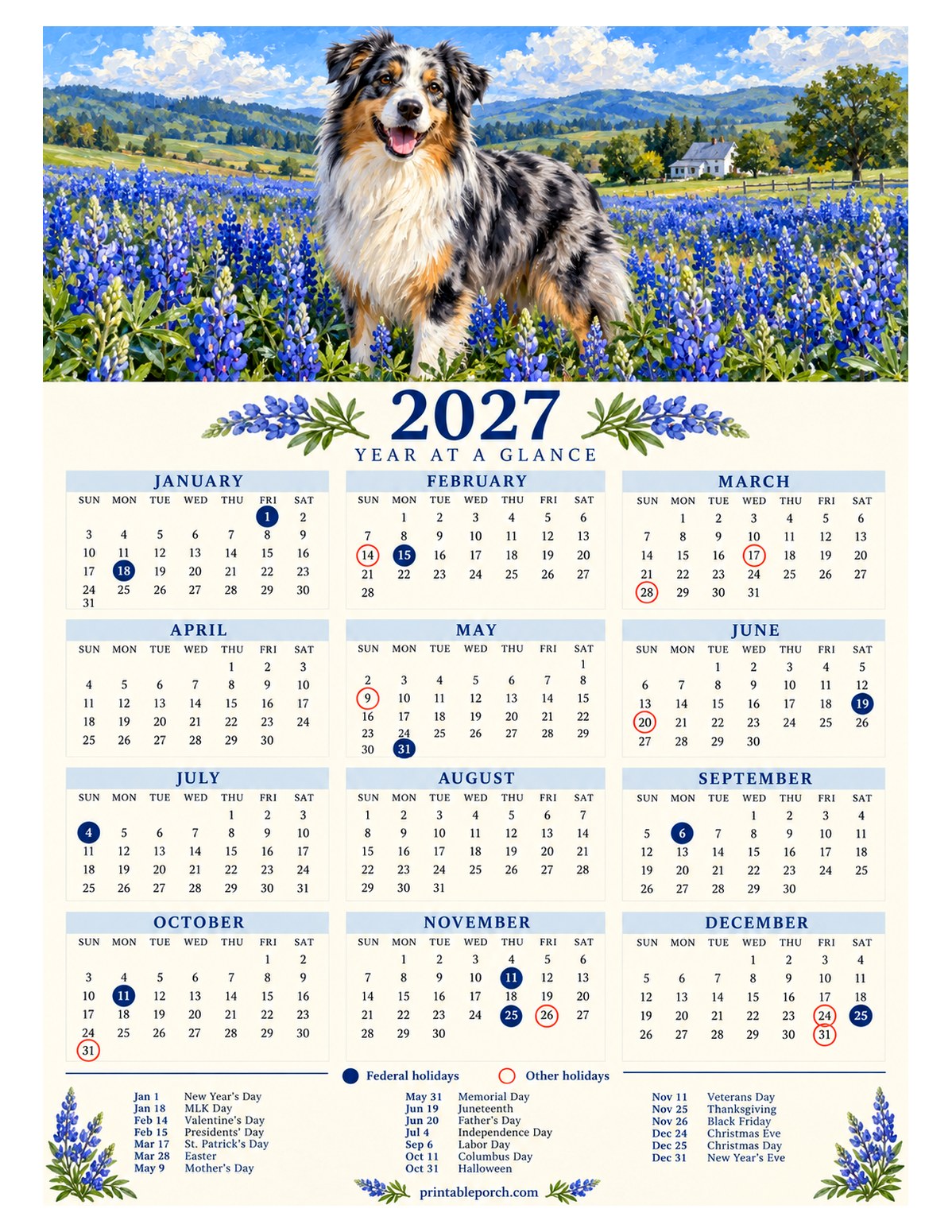 Calendar with Holidays 2027 Yearly Calendar - Bluebonnet Aussie