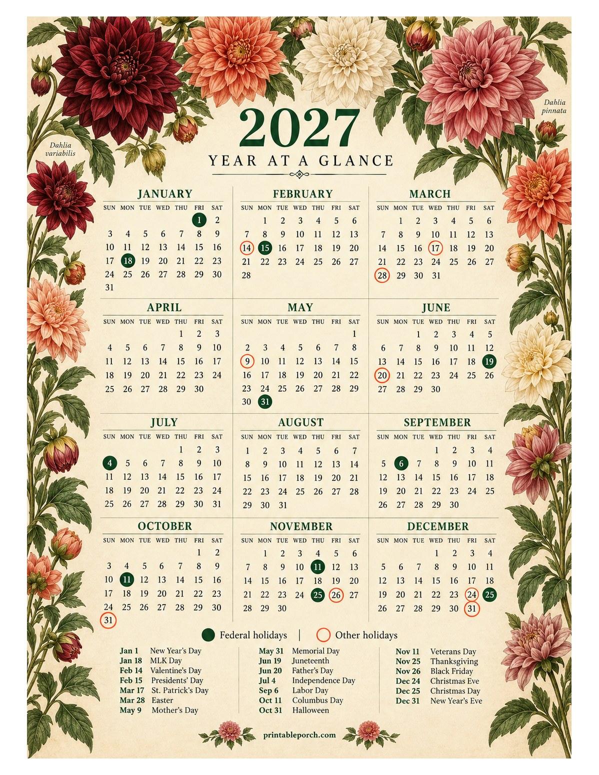 Calendar with Holidays 2027 Yearly Calendar - Botanical Dahlias