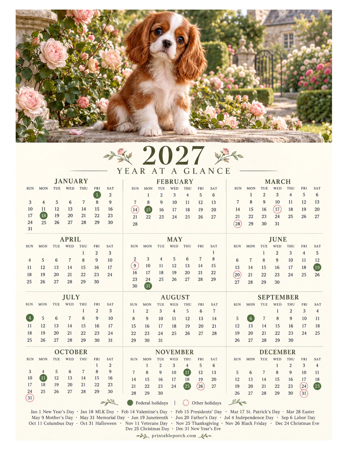 Calendar with Holidays 2027 Yearly Calendar - Cavalier Puppy