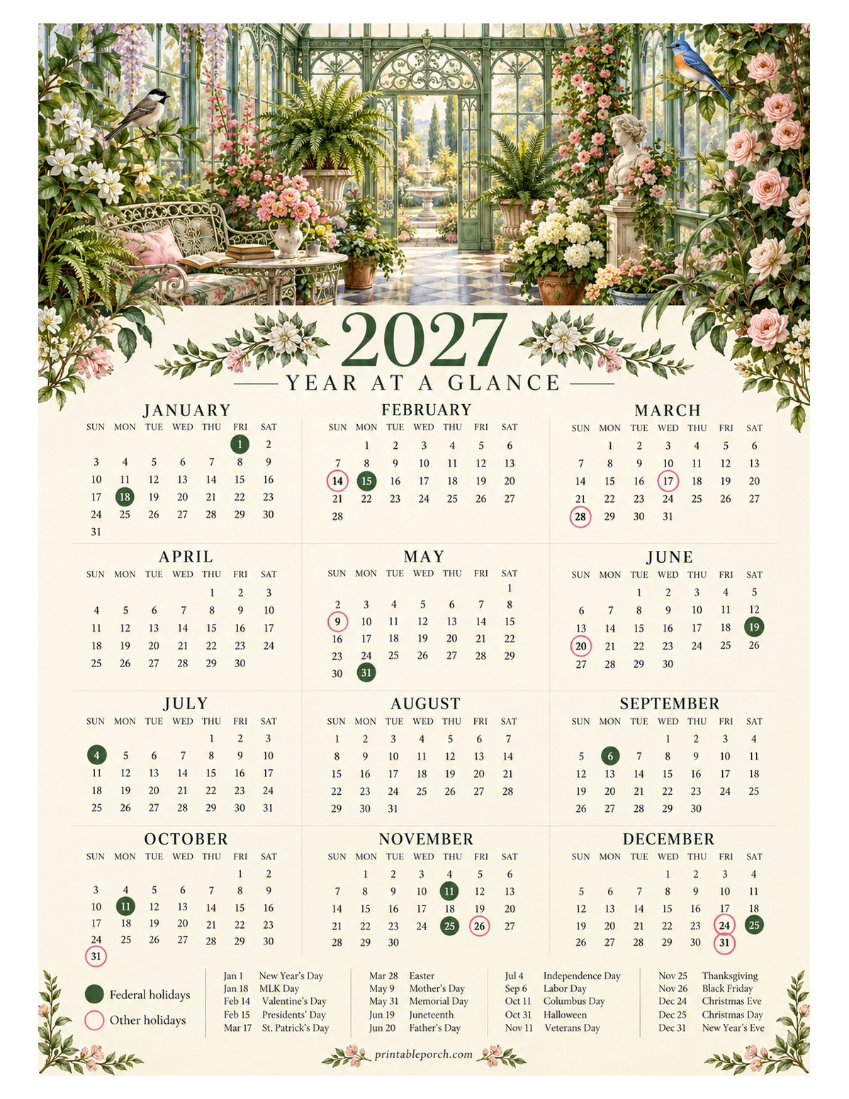 Calendar with Holidays 2027 Yearly Calendar - The Conservatory