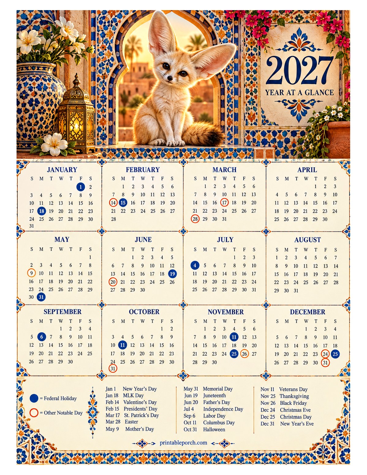 Calendar with Holidays 2027 Yearly Calendar - Fennec Fox