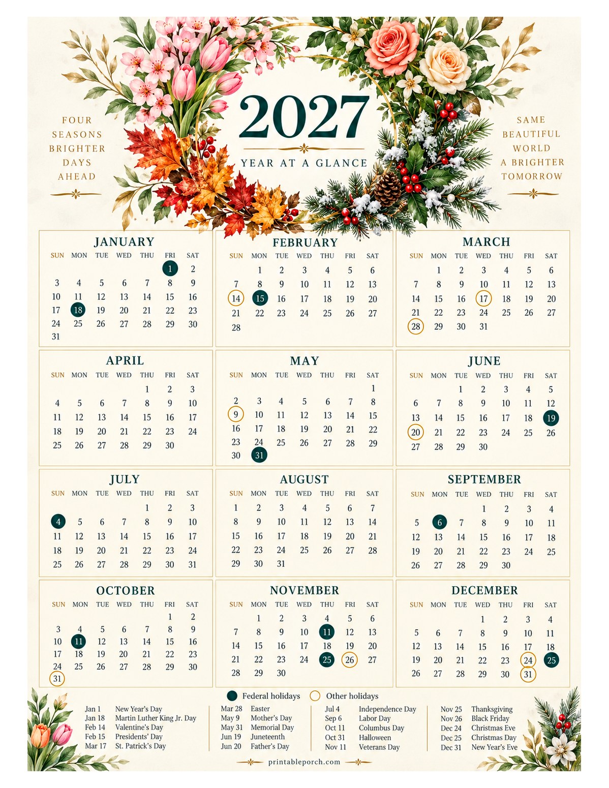 Calendar with Holidays 2027 Yearly Calendar - Four Seasons Wreath