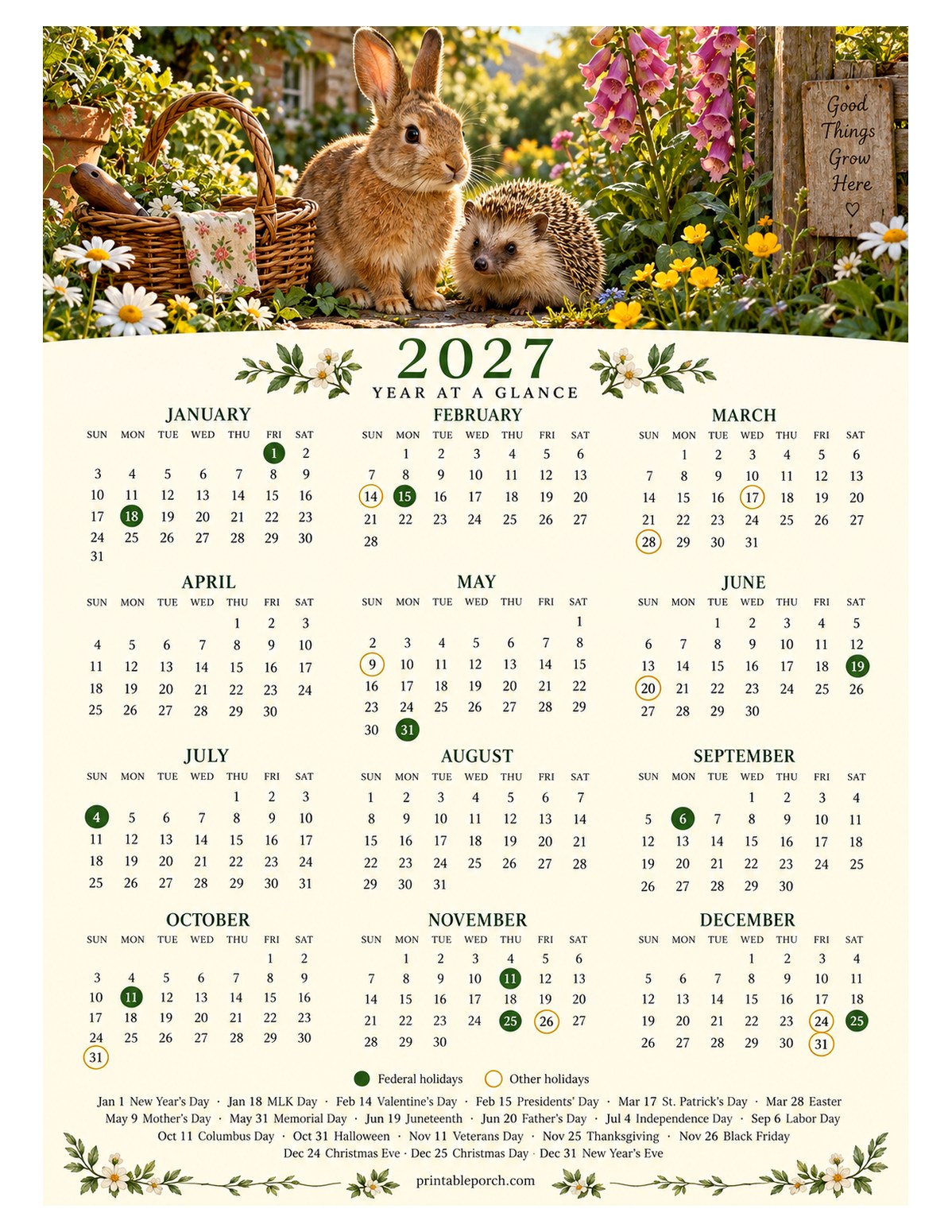 Calendar with Holidays 2027 Yearly Calendar - Garden Friends