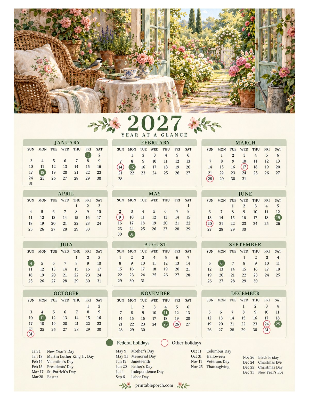 Calendar with Holidays 2027 Yearly Calendar - Garden Room