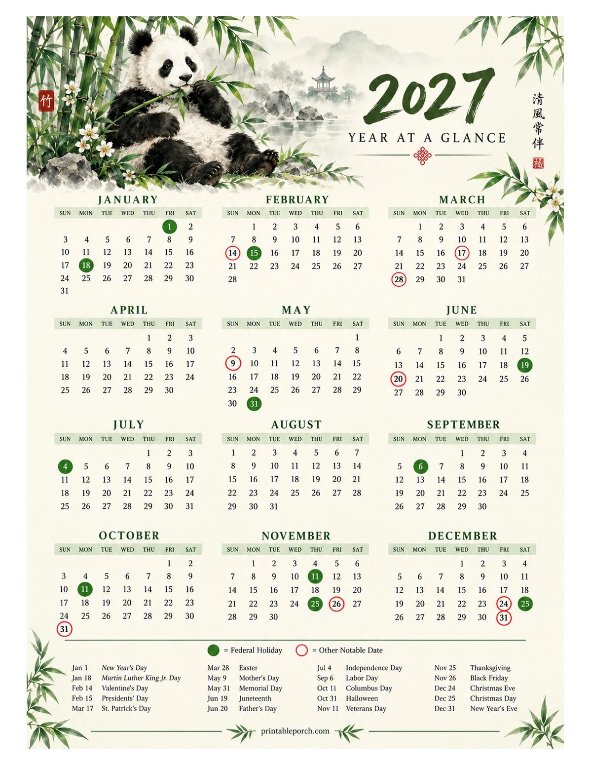 Calendar with Holidays 2027 Yearly Calendar - Giant Panda