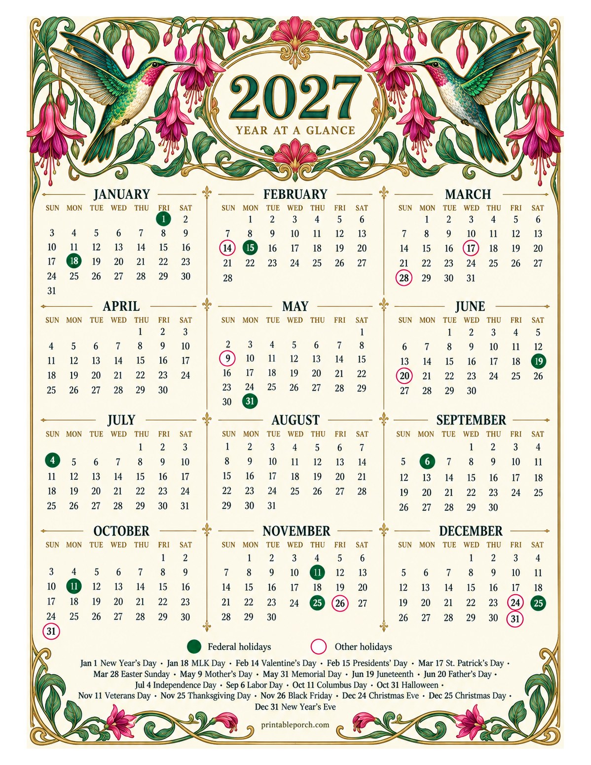 Calendar with Holidays 2027 Yearly Calendar - Hummingbirds