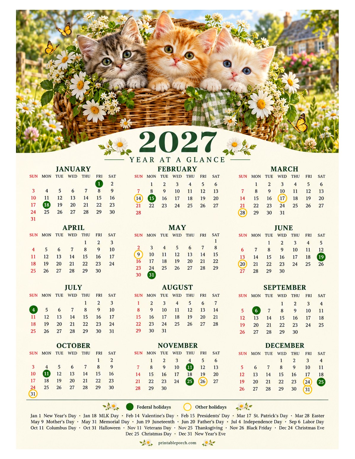 Calendar with Holidays 2027 Yearly Calendar - Kittens in a Basket