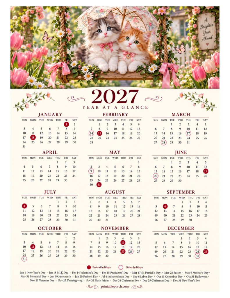 Free Printable 2027 Calendar with Holidays - Printable Porch