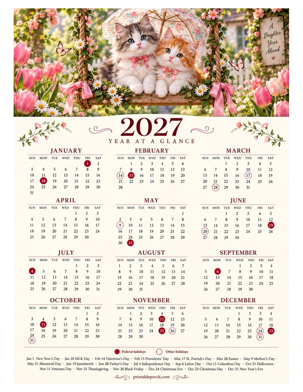 Calendar with Holidays 2027 Yearly Calendar - Kittens on the Swing