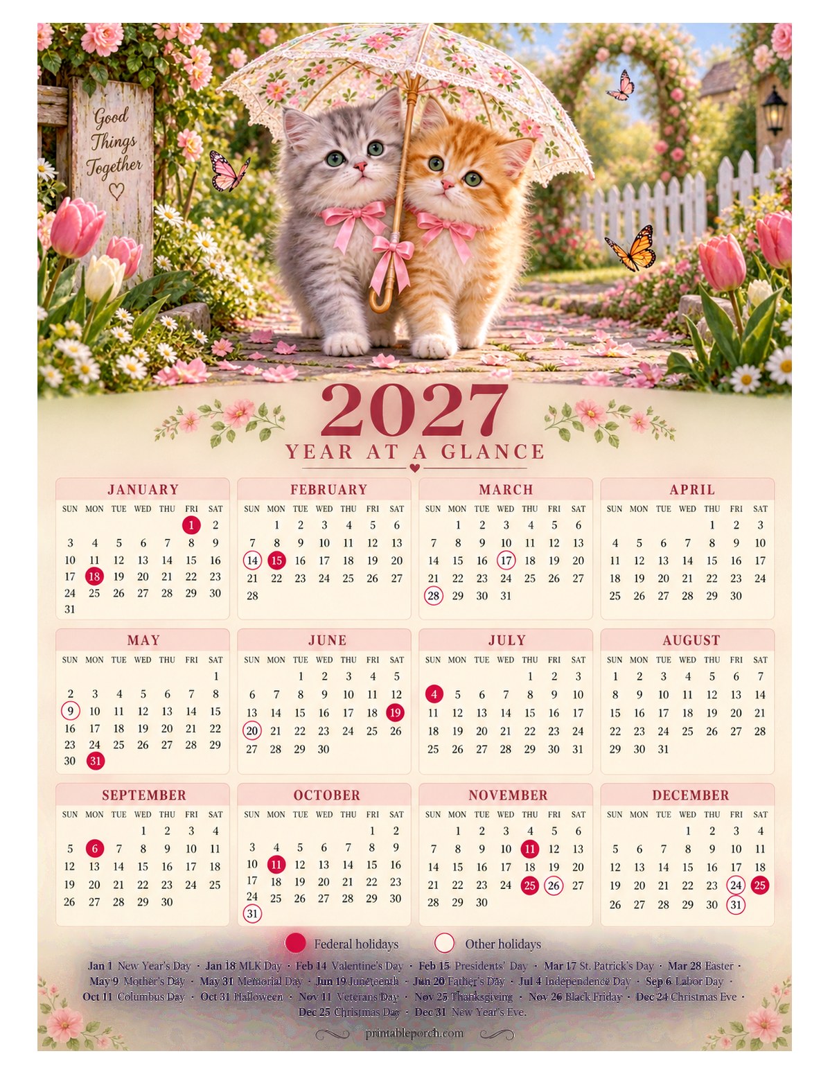 Calendar with Holidays 2027 Yearly Calendar - Kittens Under the Umbrella