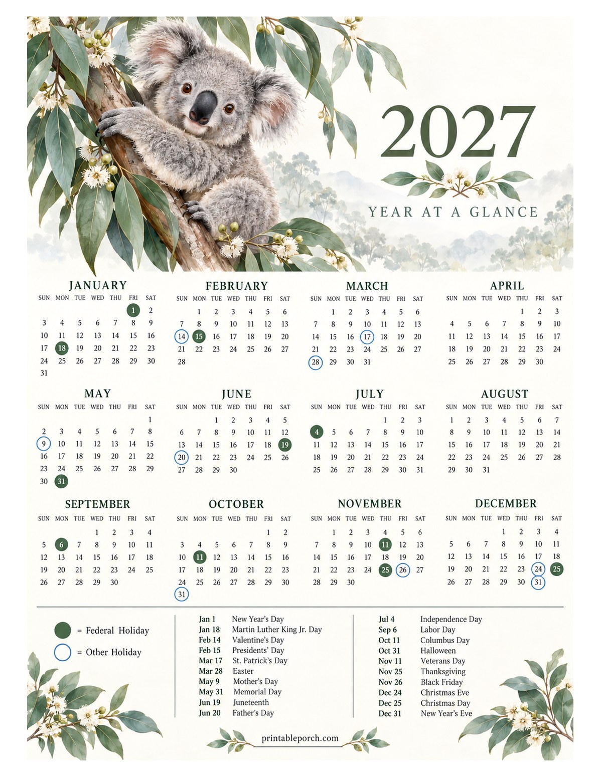 Calendar with Holidays 2027 Yearly Calendar - Koala