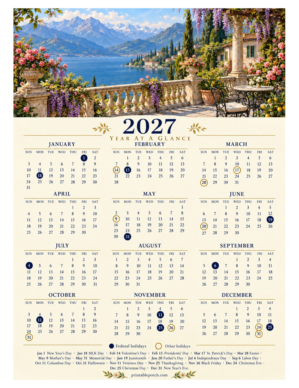 Calendar with Holidays 2027 Yearly Calendar - Lake Terrace