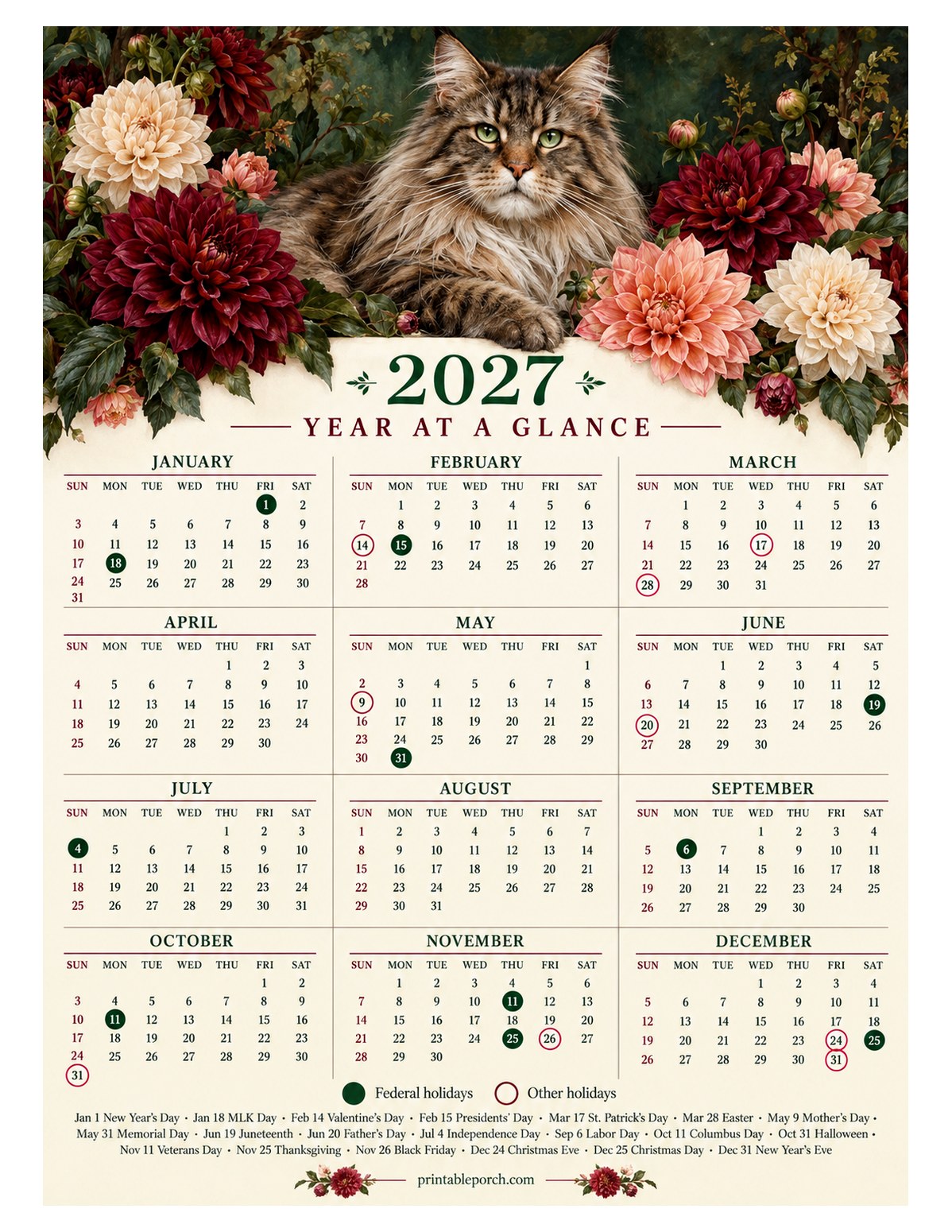 Calendar with Holidays 2027 Yearly Calendar - Maine Coon and Dahlias
