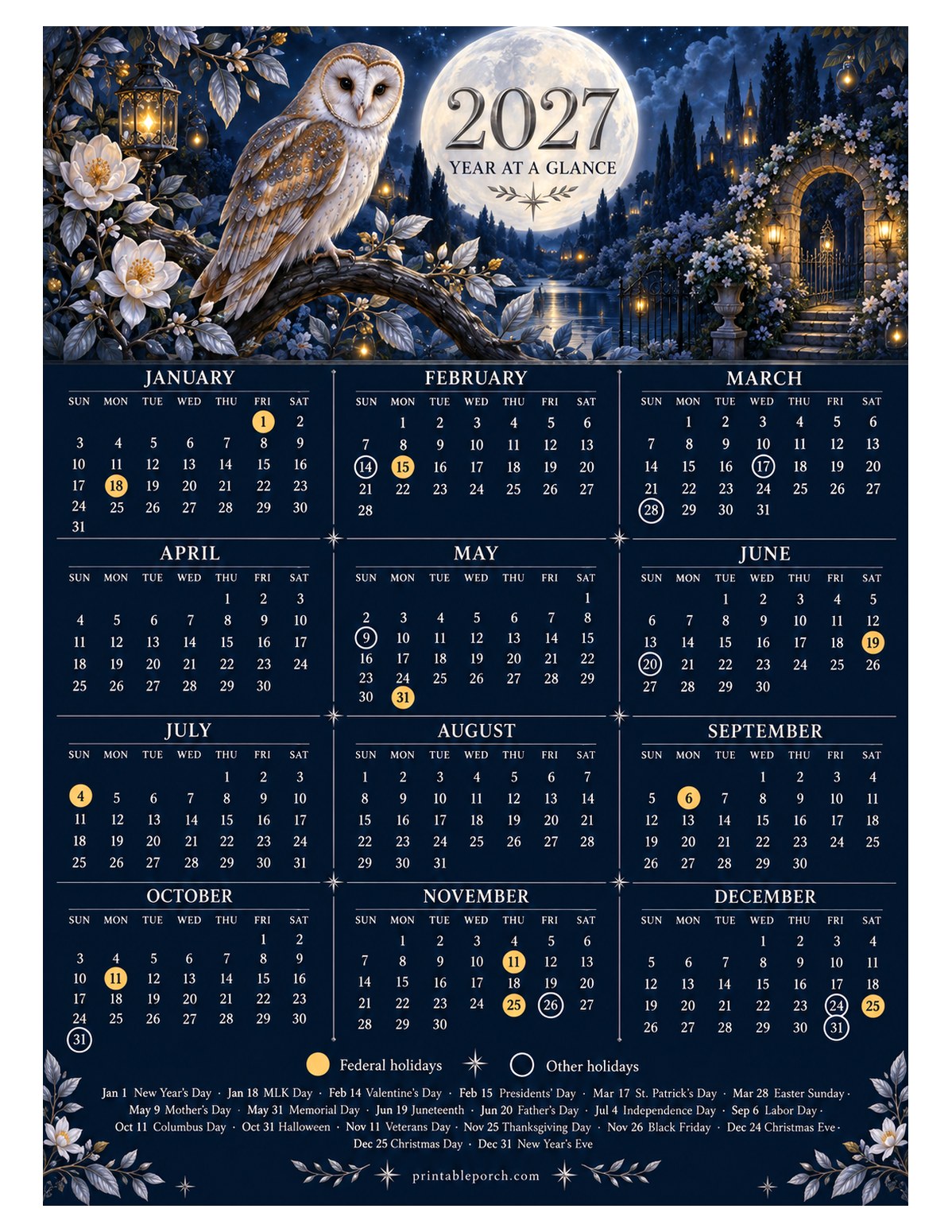 Calendar with Holidays 2027 Yearly Calendar - Night Owl