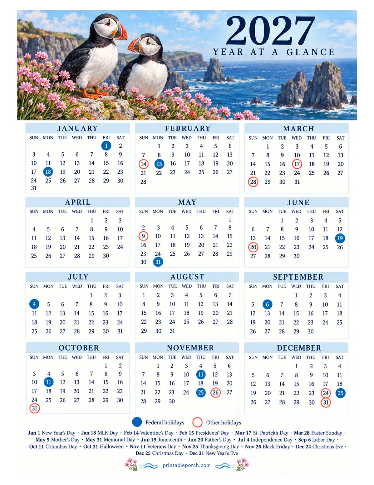 Calendar with Holidays 2027 Yearly Calendar - Puffins