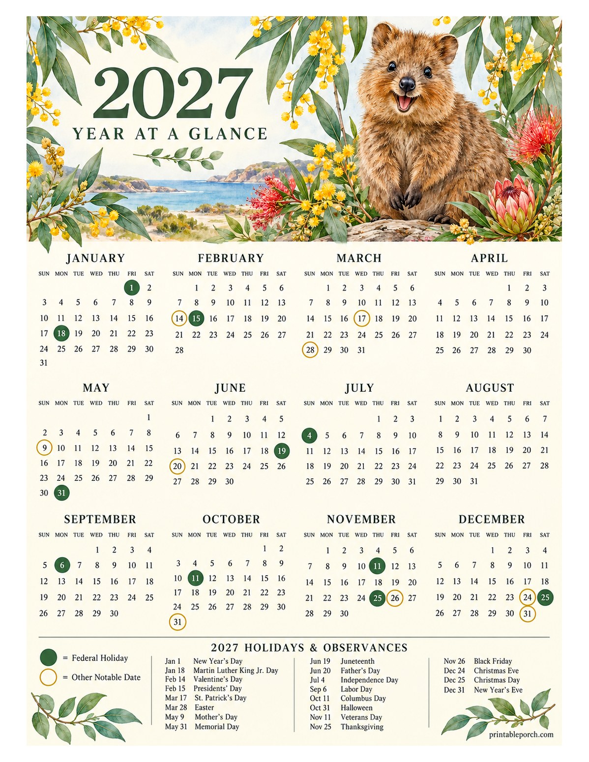 Calendar with Holidays 2027 Yearly Calendar - Quokka