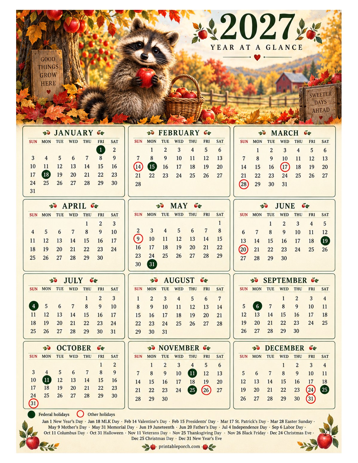 Calendar with Holidays 2027 Yearly Calendar - Raccoon Harvest
