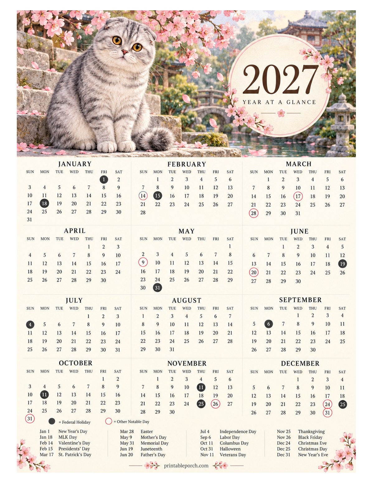 Calendar with Holidays 2027 Yearly Calendar - Scottish Fold in Cherry Blossom