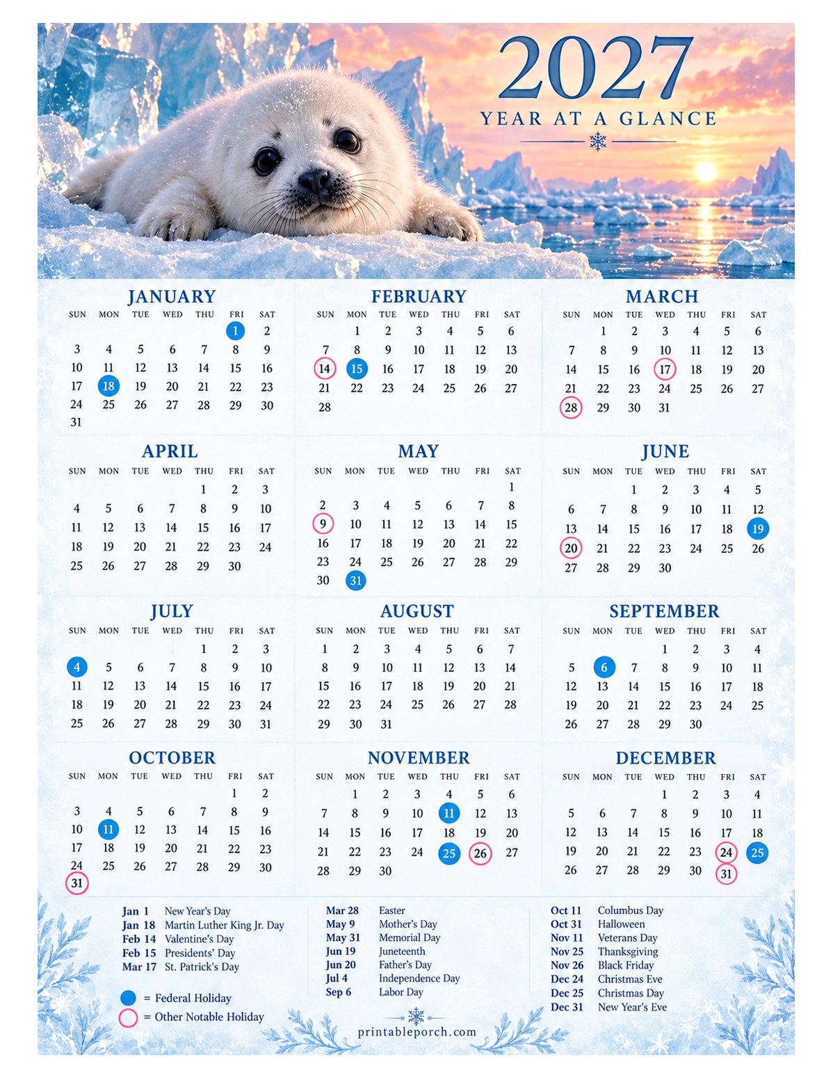 Calendar with Holidays 2027 Yearly Calendar - Seal Pup