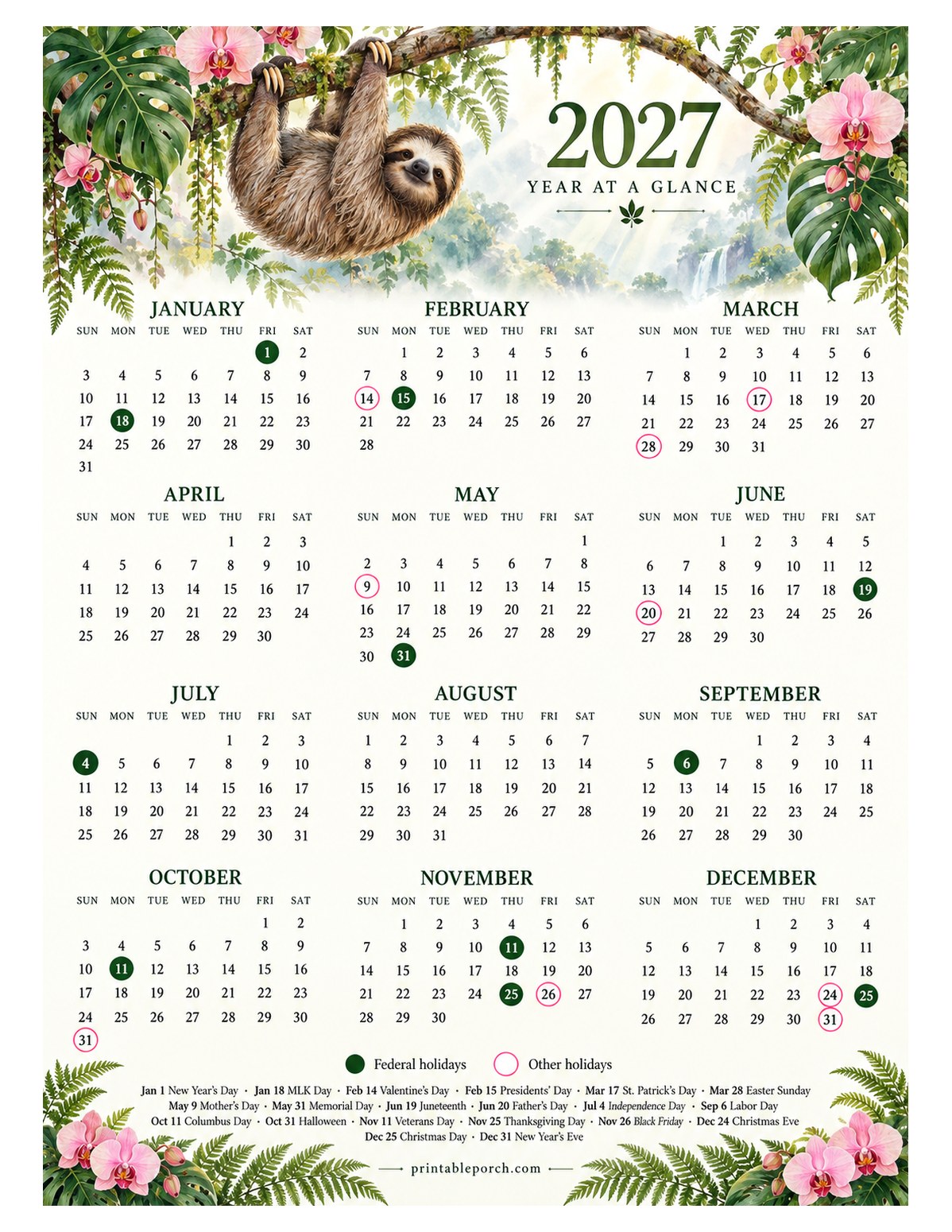 Calendar with Holidays 2027 Yearly Calendar - Sloth