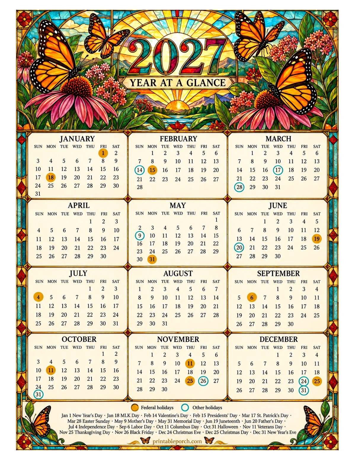 Calendar with Holidays 2027 Yearly Calendar - Stained Glass Butterflies