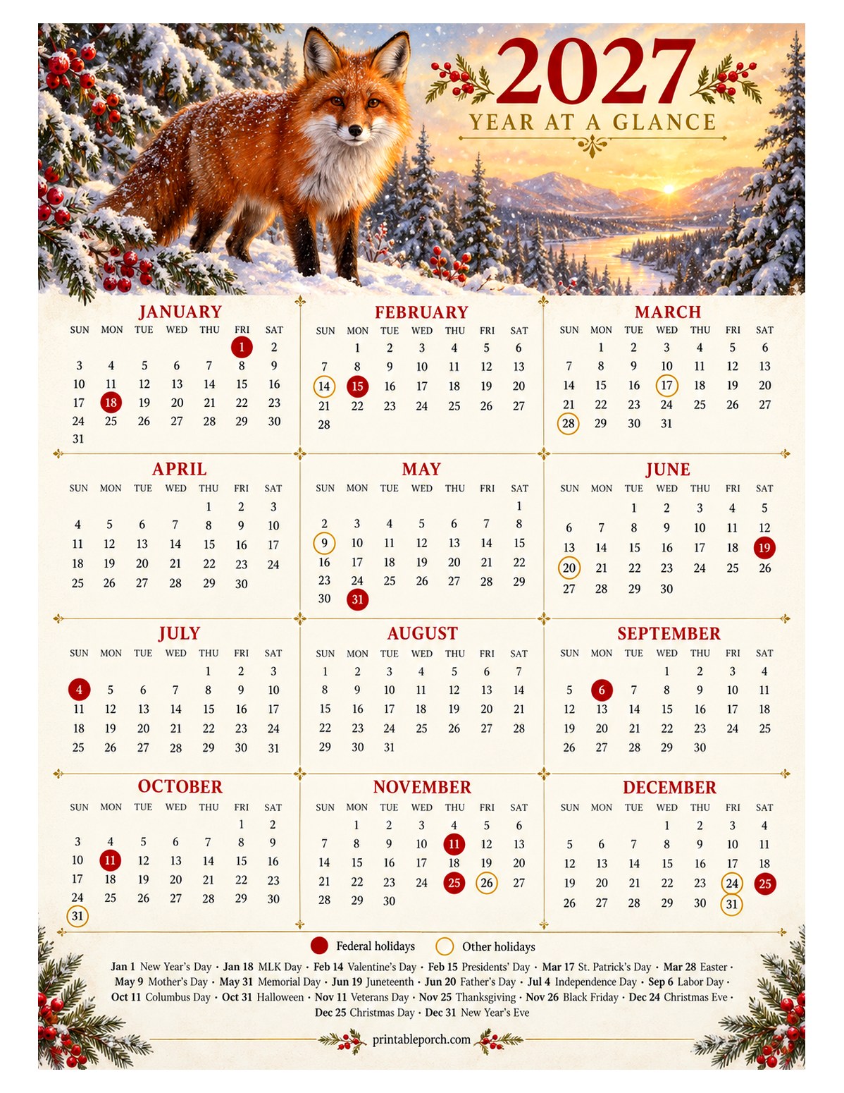 Calendar with Holidays 2027 Yearly Calendar - Winter Fox