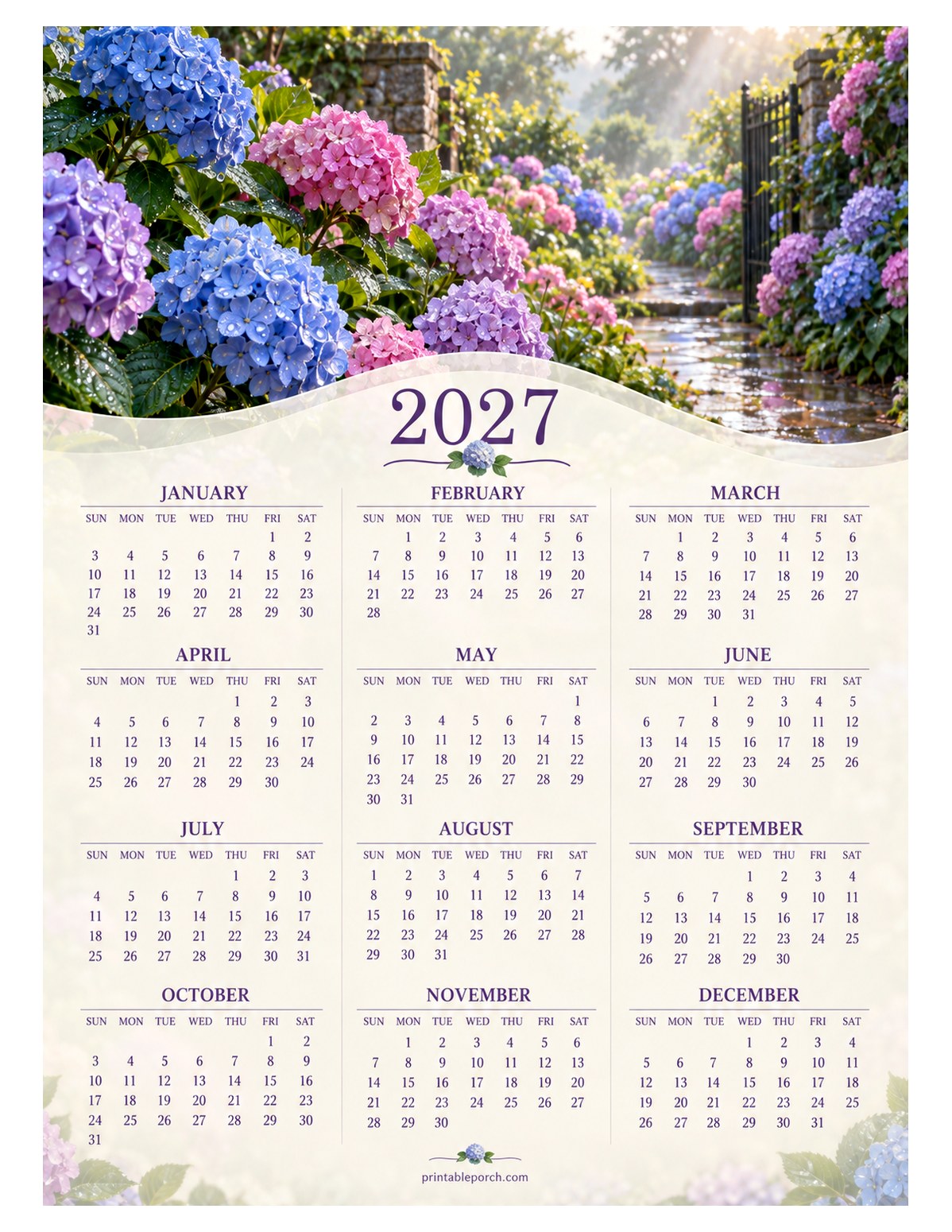 Hydrangea 2027 Yearly Calendar - Misty Garden