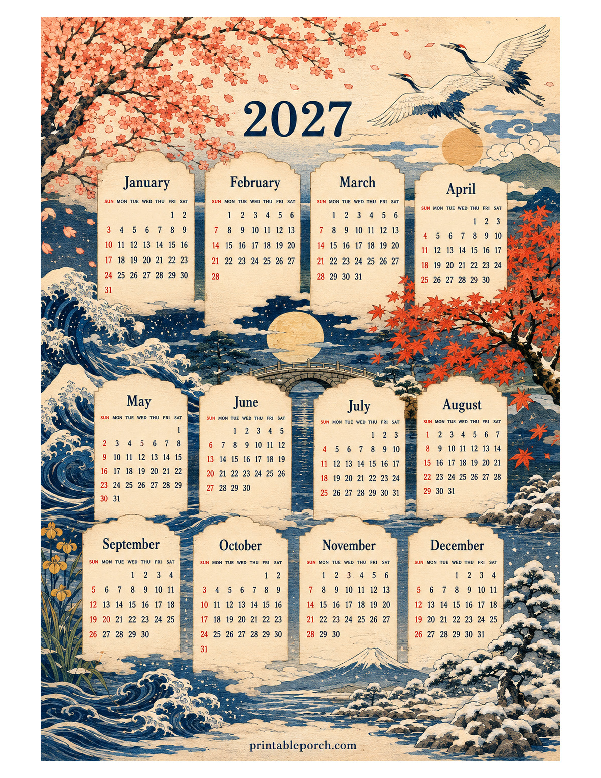 Japanese Woodblock 2027 Yearly Calendar