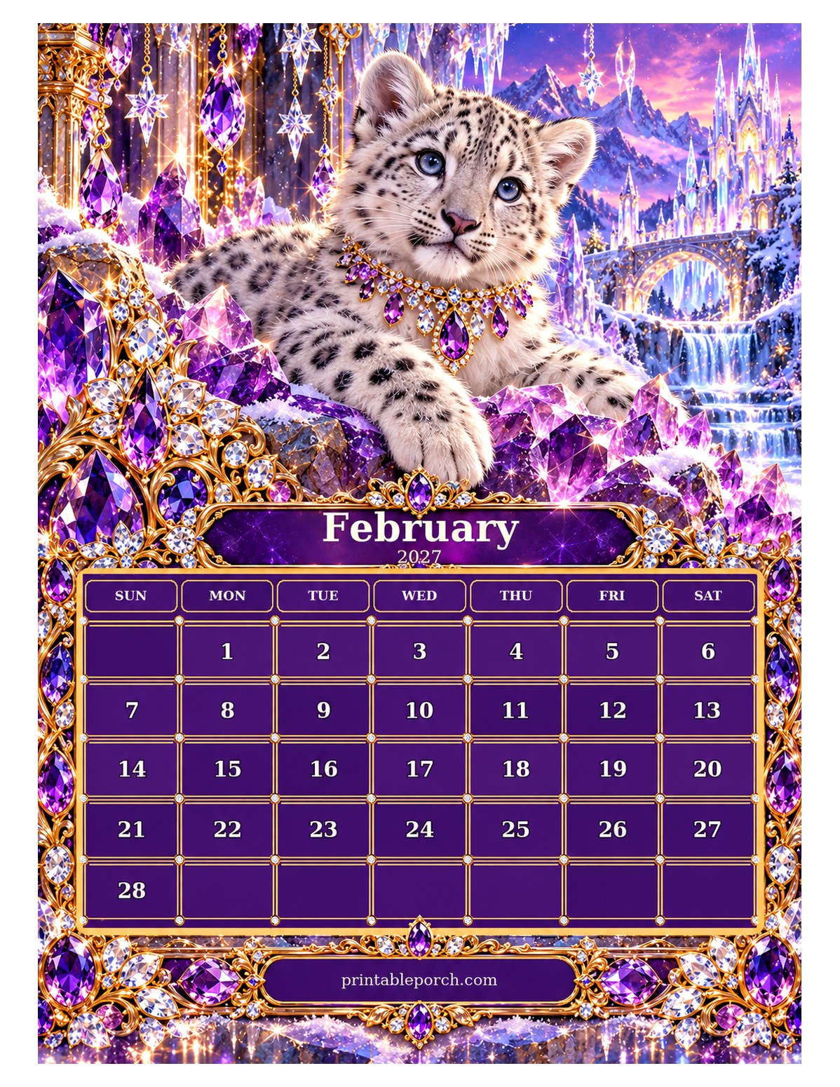 Jewel Crown Animals February 2027 Calendar