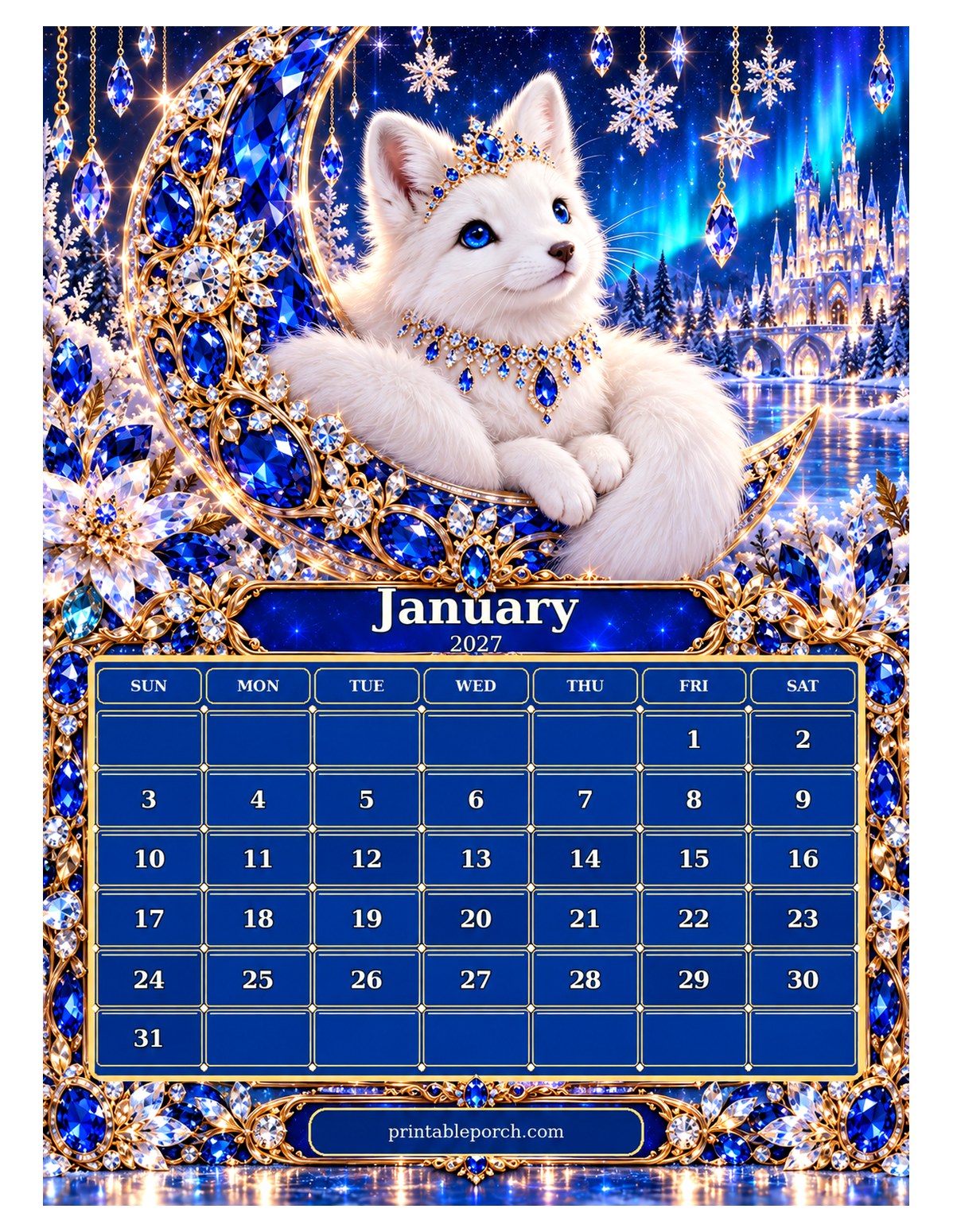 Jewel Crown Animals January 2027 Calendar