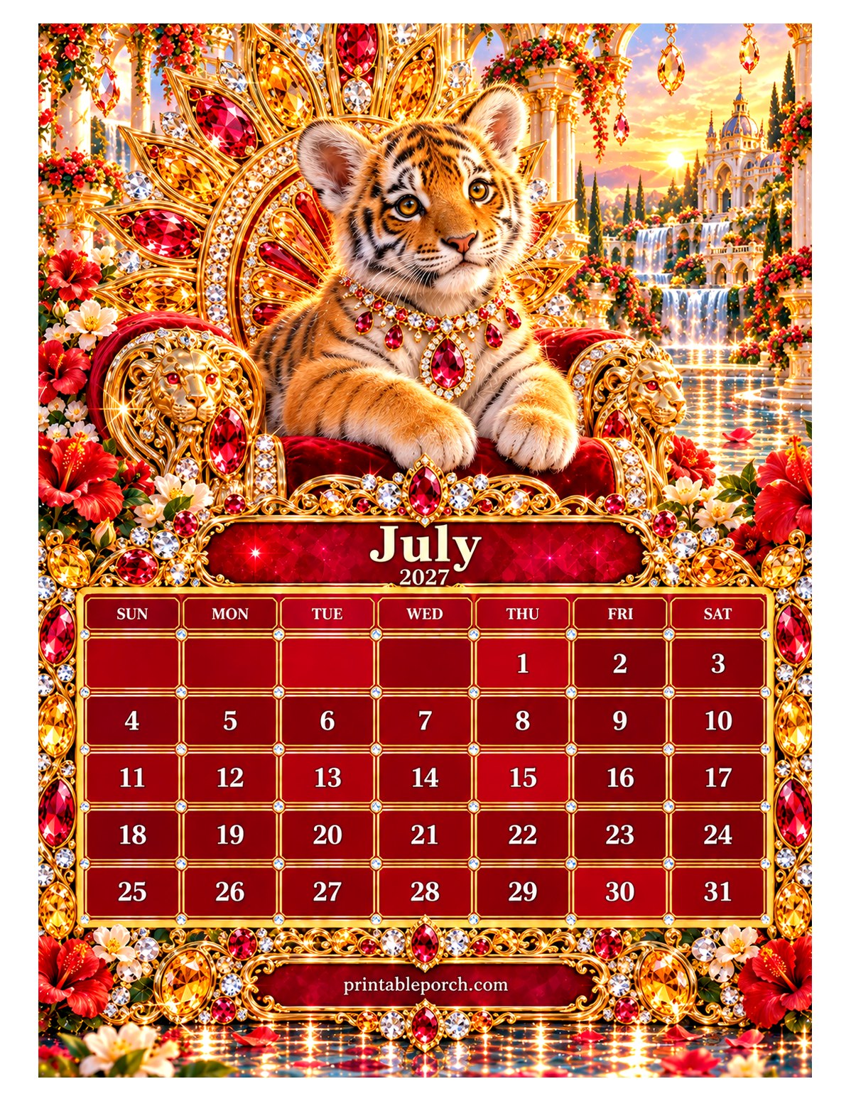 Jewel Crown Animals July 2027 Calendar