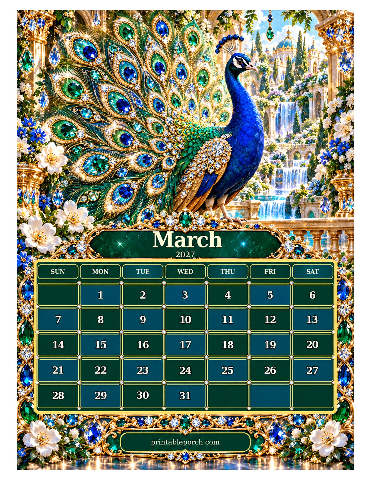 Jewel Crown Animals March 2027 Calendar