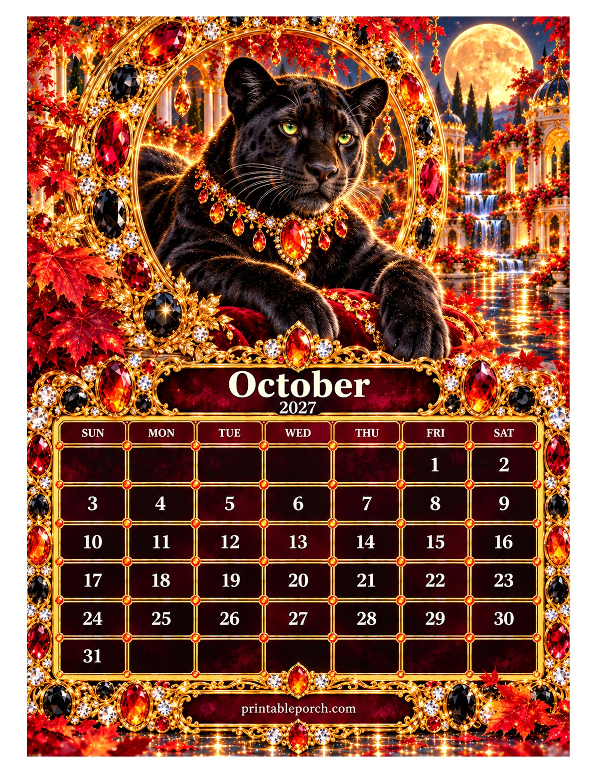 Jewel Crown Animals October 2027 Calendar