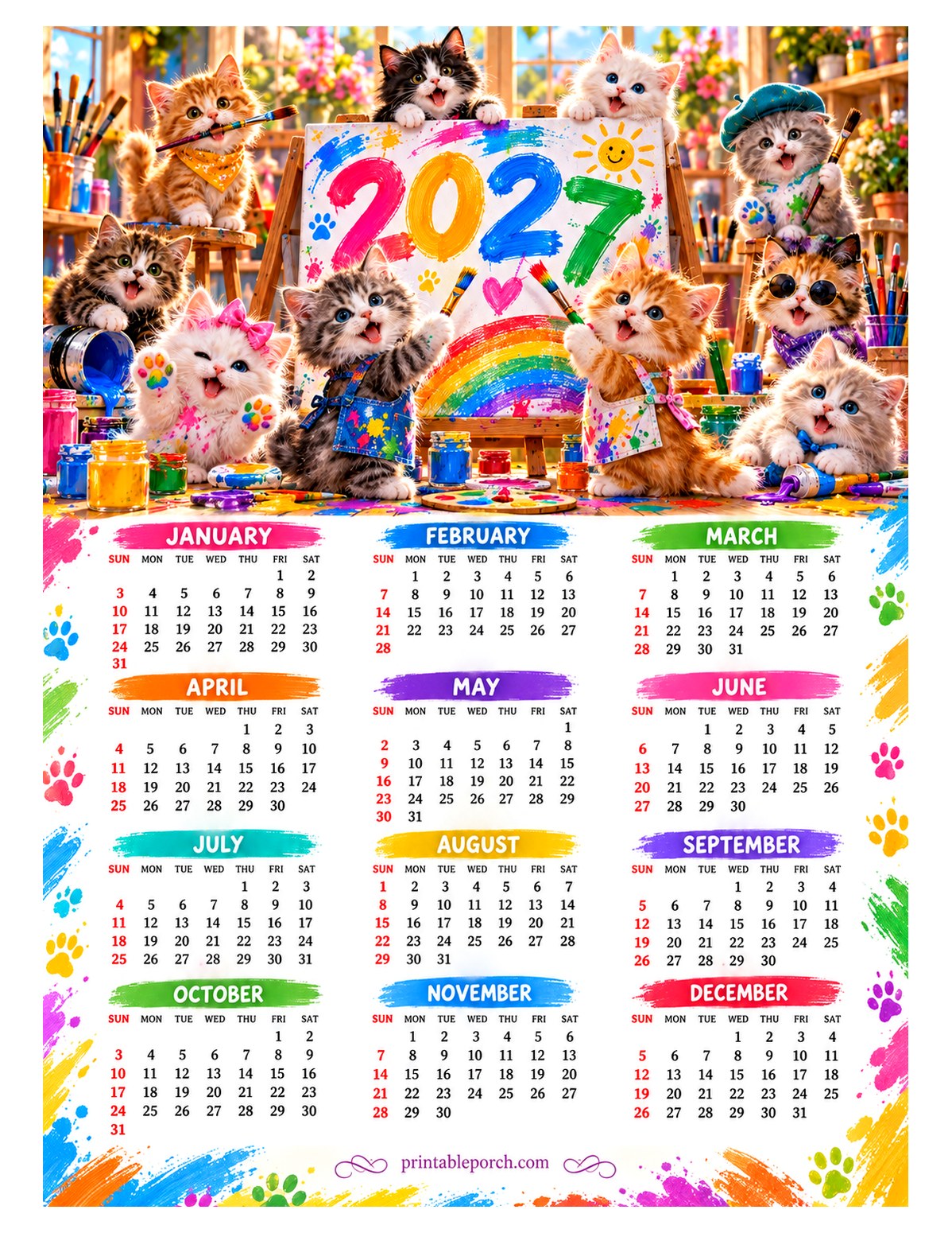 Kitten 2027 Yearly Calendar - Art Studio