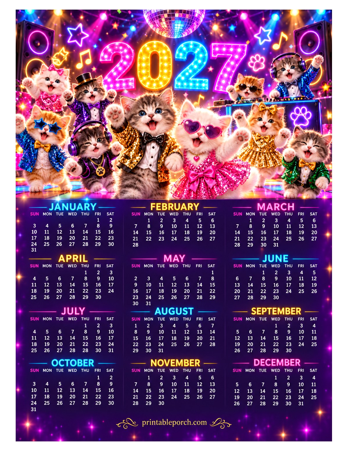 Kitten 2027 Yearly Calendar - Disco Night