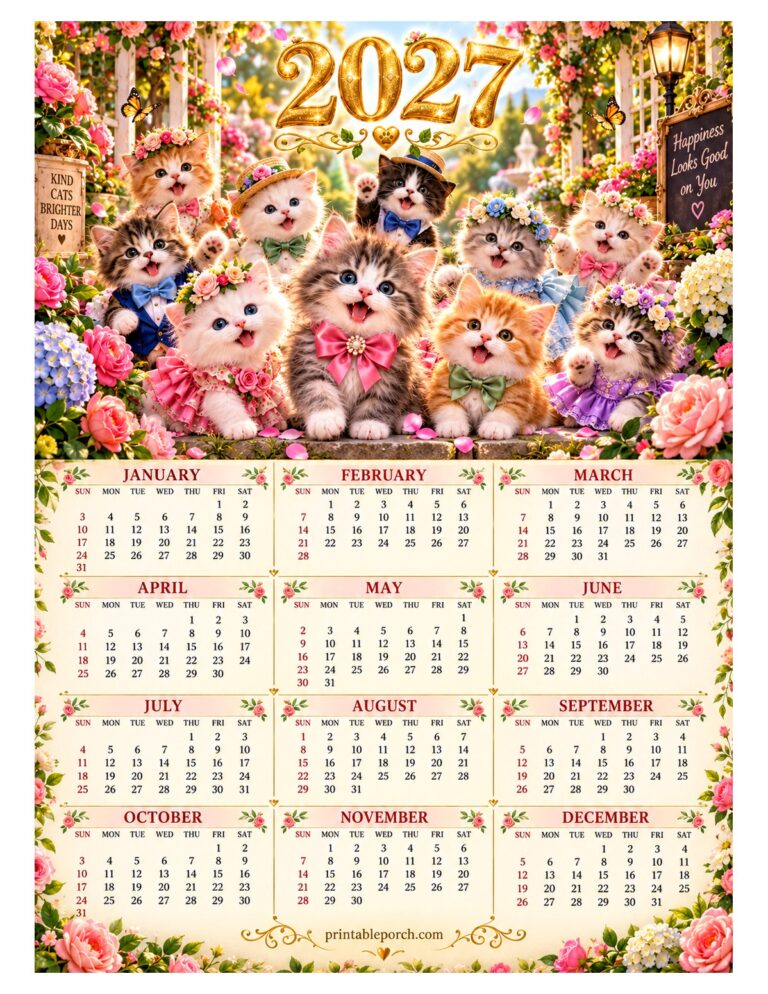 Kitten 2027 Yearly Calendar - Rose Garden