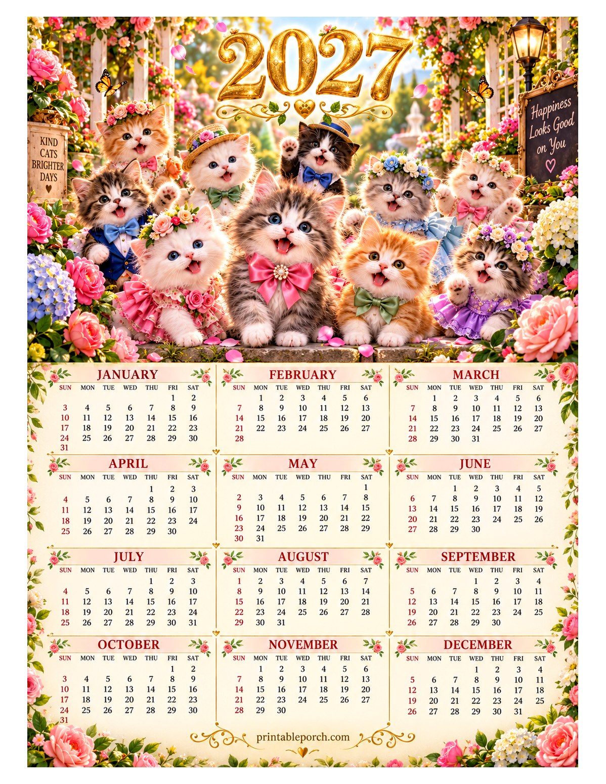 Kitten 2027 Yearly Calendar - Rose Garden