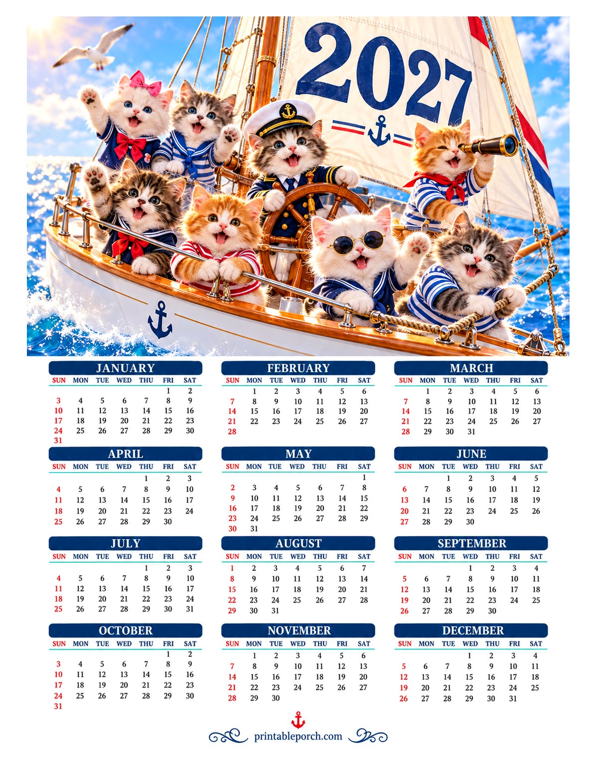Kitten 2027 Yearly Calendar - Sailing Crew