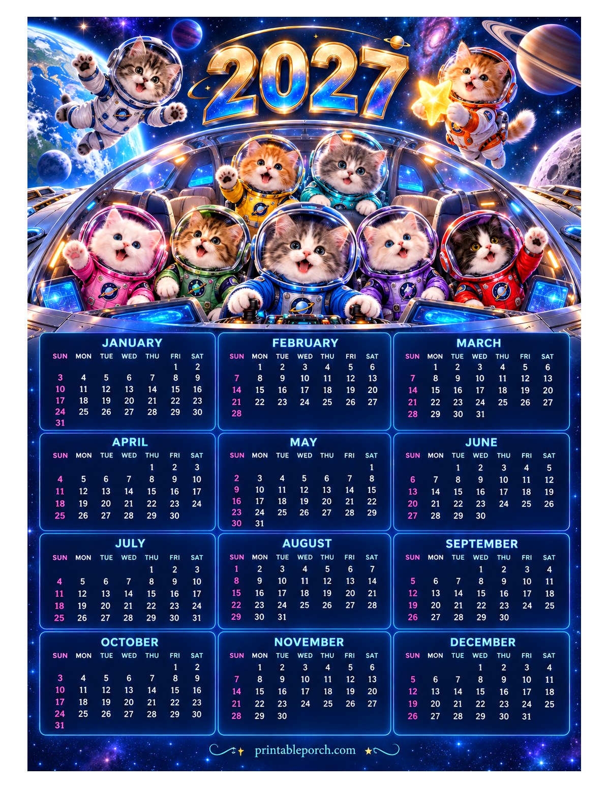 Kitten 2027 Yearly Calendar - Space Crew