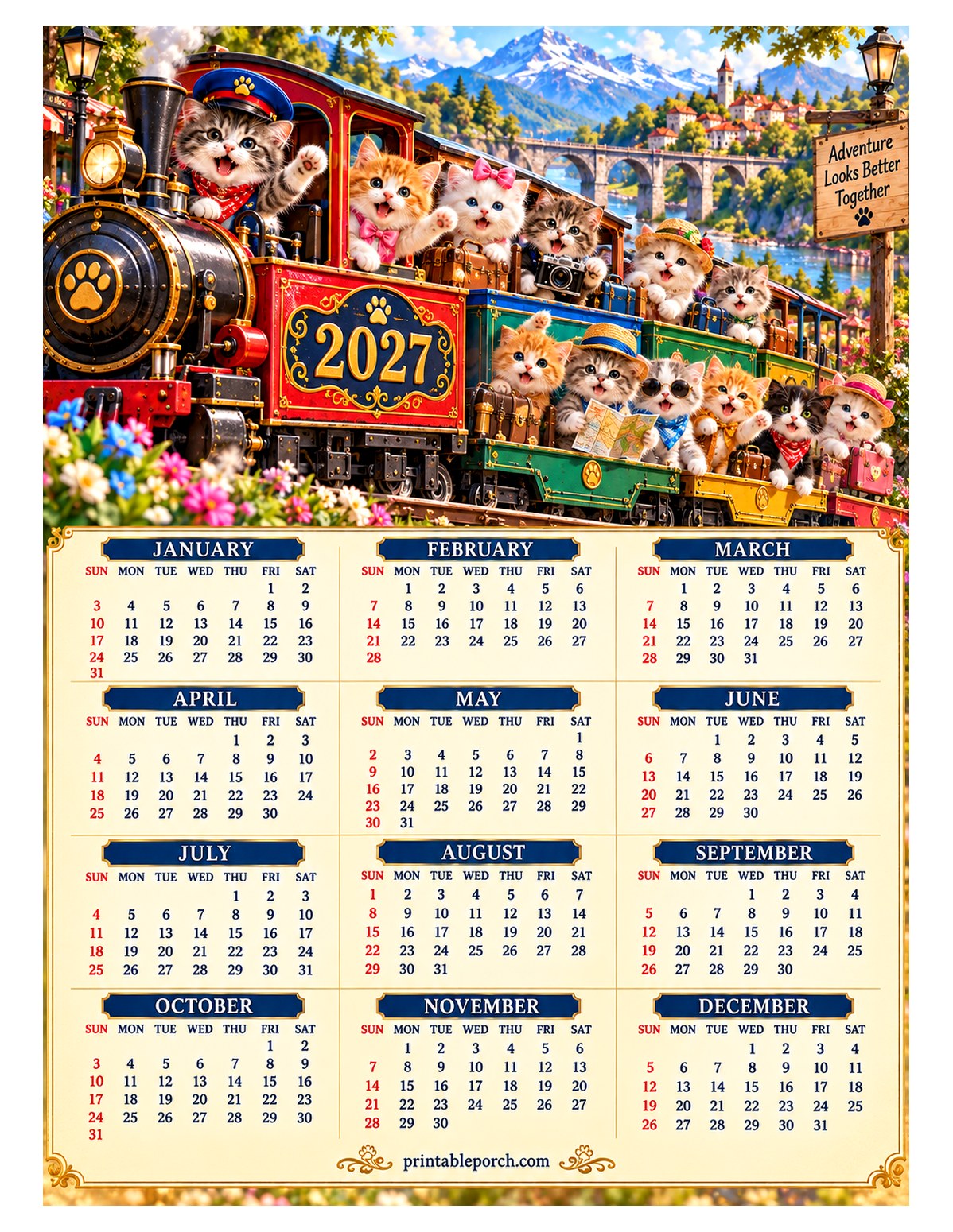 Kitten 2027 Yearly Calendar - Train Ride