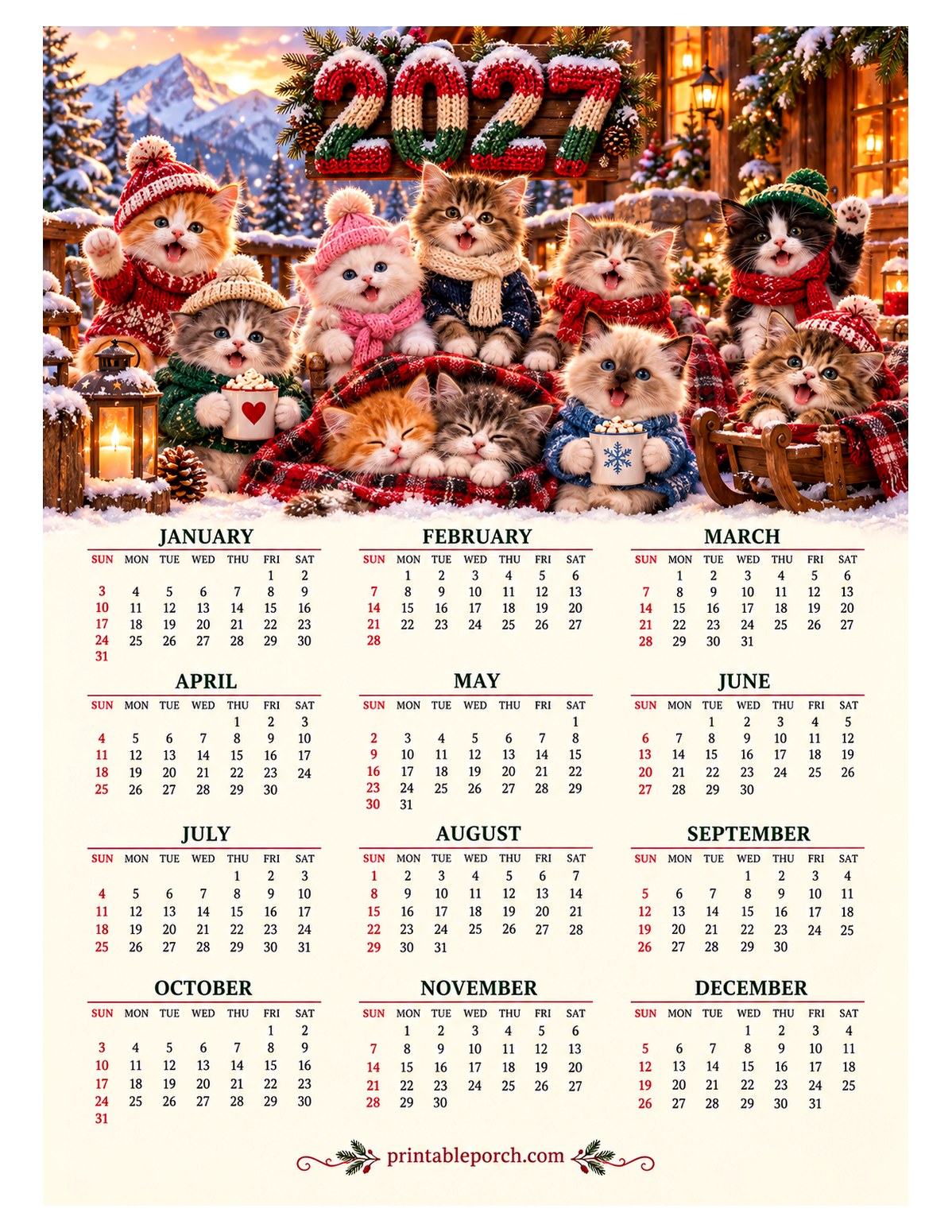 Kitten 2027 Yearly Calendar - Winter Cabin