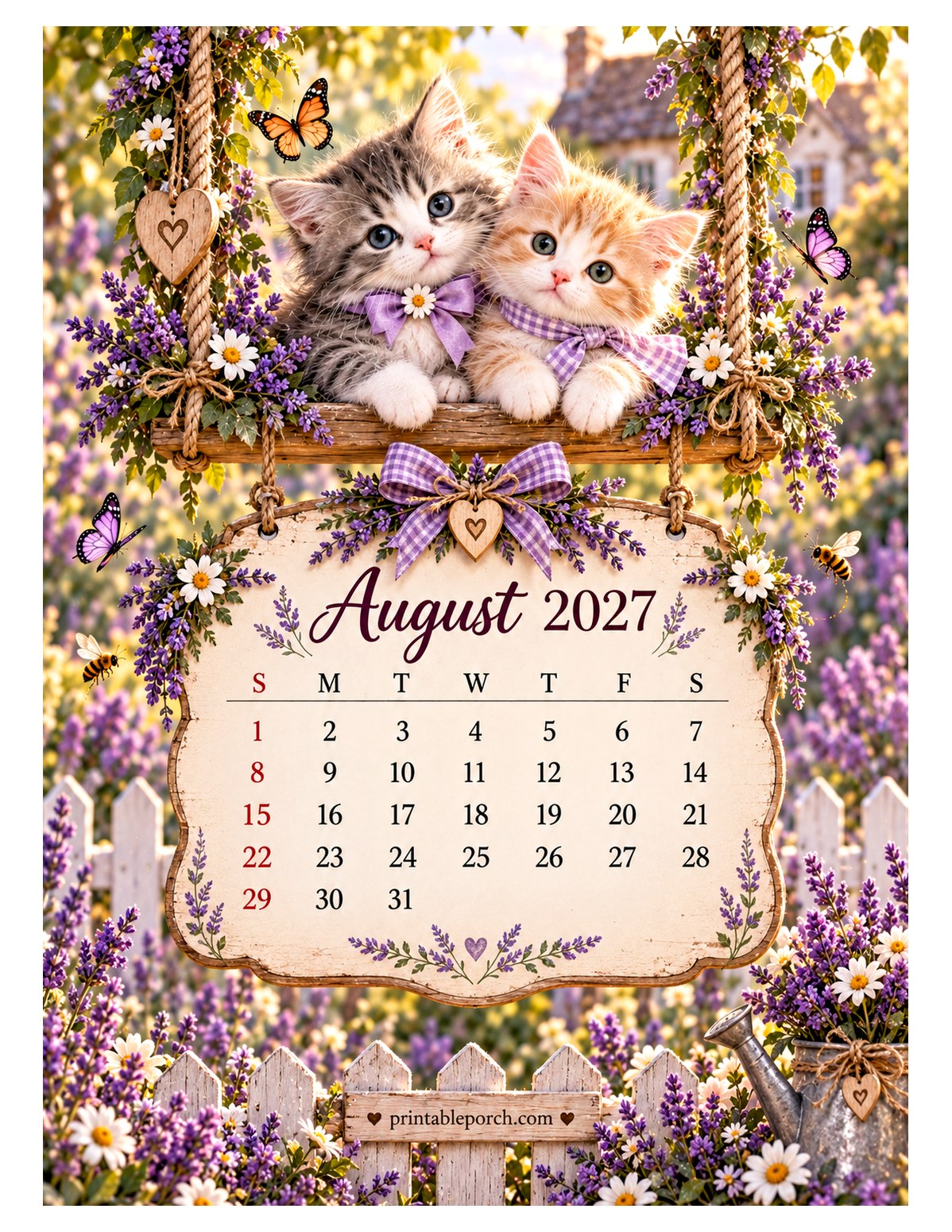 Kittens on the Swing August 2027 Calendar