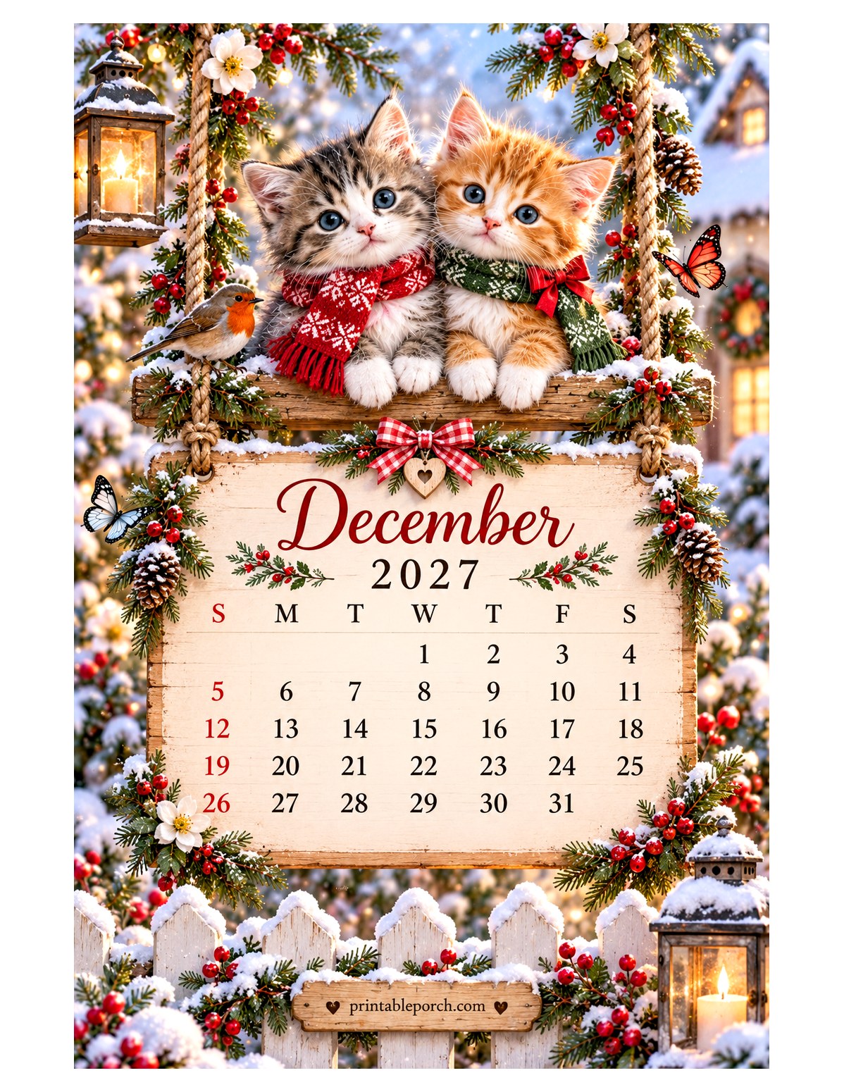 Kittens on the Swing December 2027 Calendar