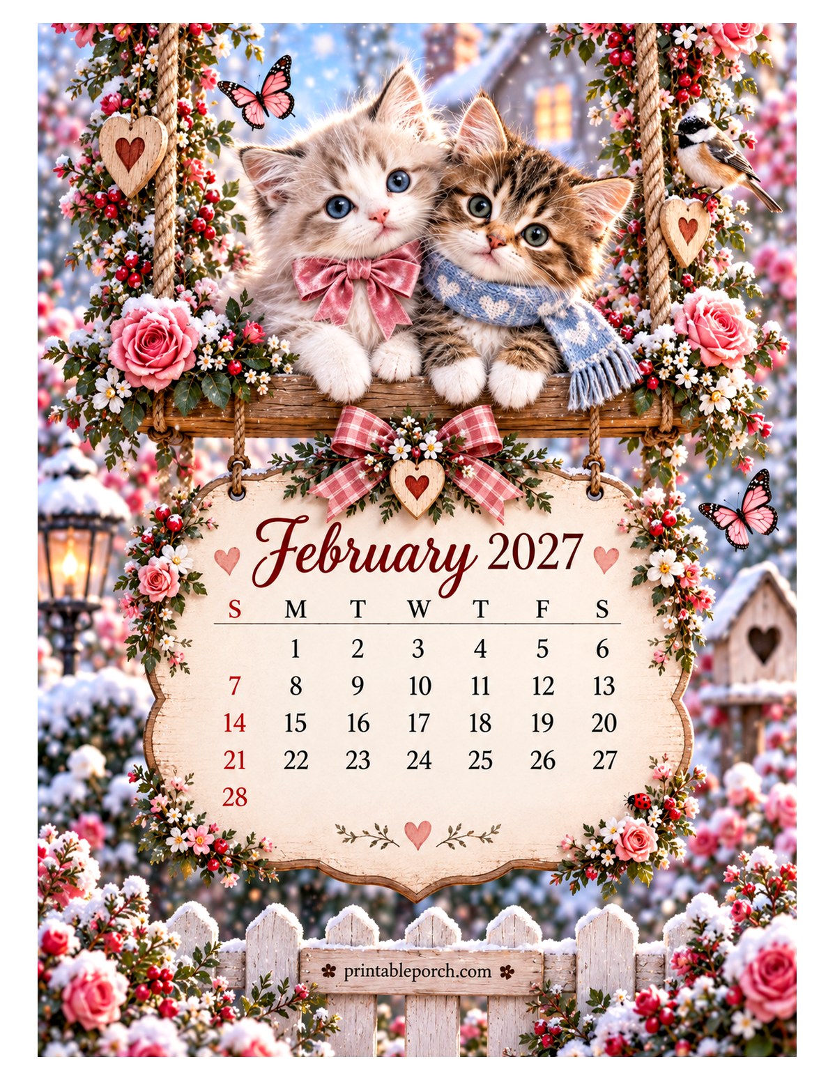 Kittens on the Swing February 2027 Calendar