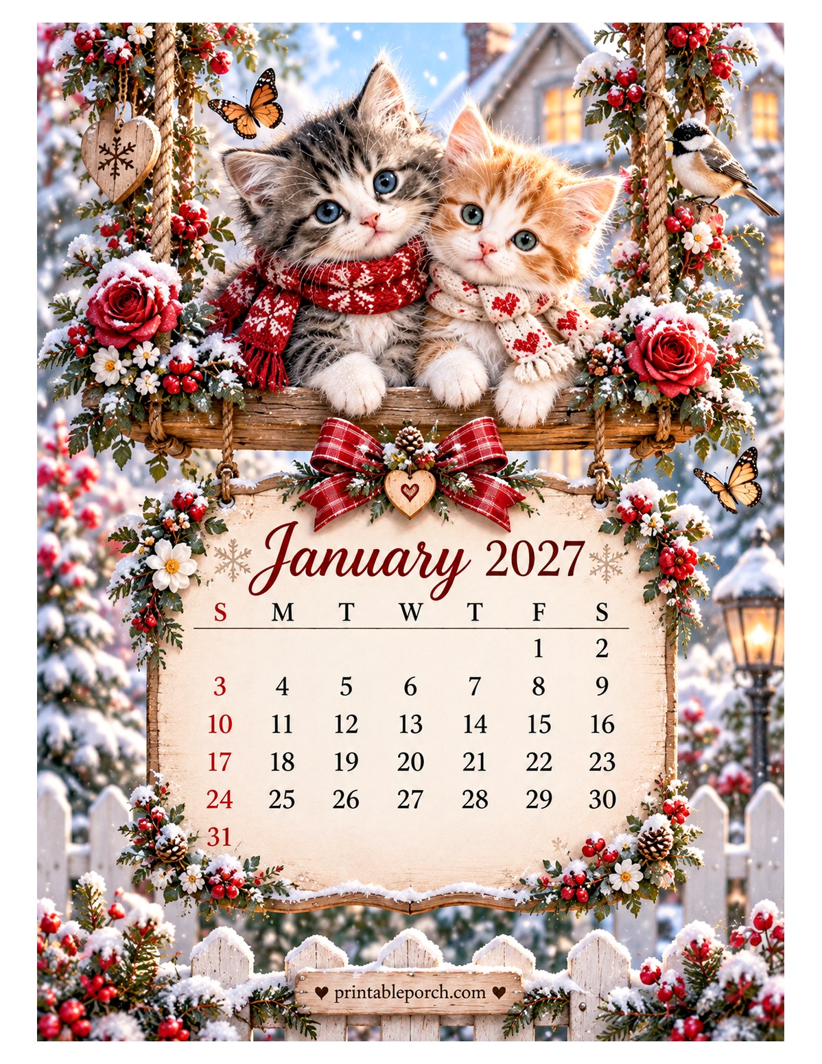 Kittens on the Swing January 2027 Calendar