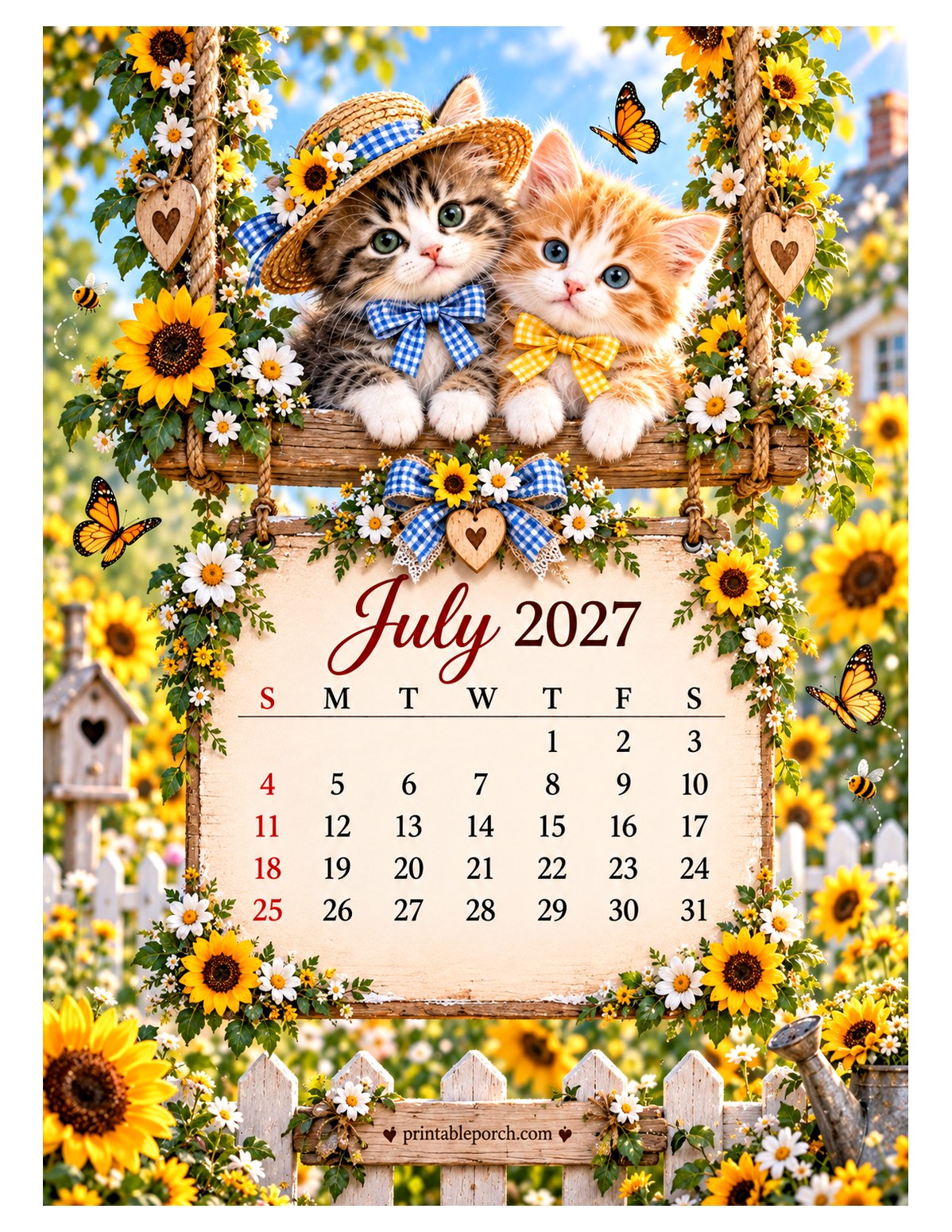 Kittens on the Swing July 2027 Calendar