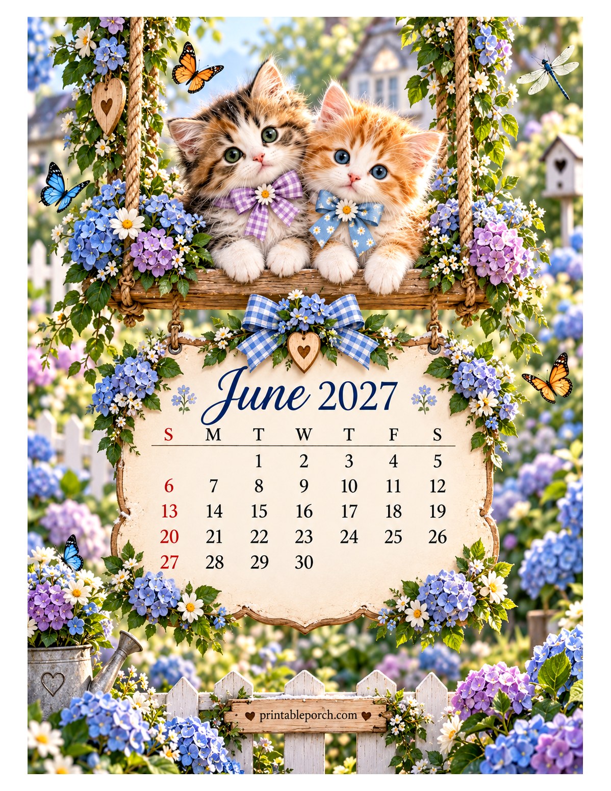 Kittens on the Swing June 2027 Calendar
