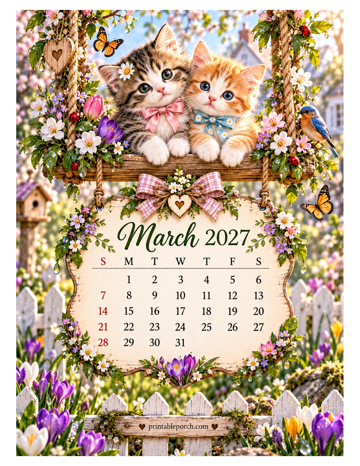 Kittens on the Swing March 2027 Calendar